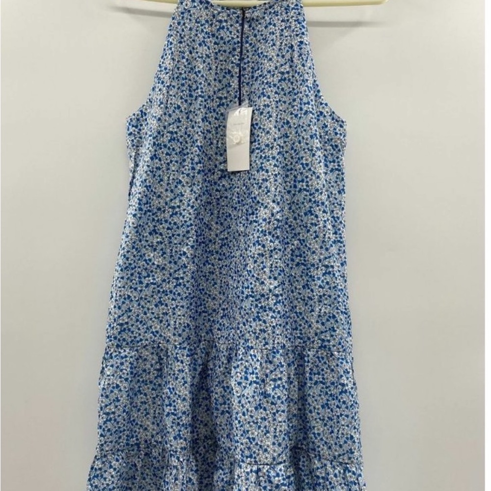 Tuckernuck Women's Cornflower Swing Dress Blue Sleeveless Floral Tiered Mini L